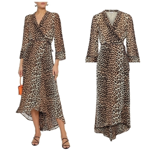 GANNI Asymmetric leopard-print georgette midi wrap dress - Picture 1 of 7